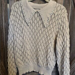 Embellished Beige Sweater with Peter Pan Collar